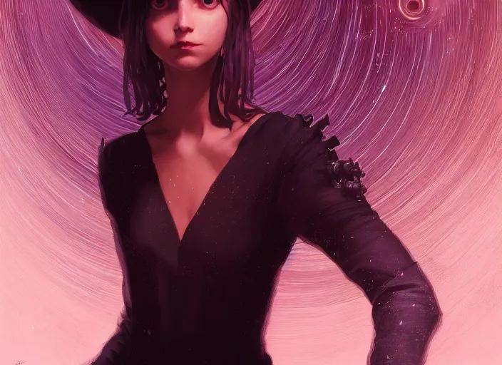 Image similar to high angle picture of a black dress witch researching about the azathoth, model pose, very brightening eyes, huge magic circles on the hand, magic and fantasy, extremely beautiful and aesthetic and detailed cute face, specular reflection, occlusion shadow, intricate, masterpiece, by ilya kuvshinov and jeremy lipking and quentin mabille