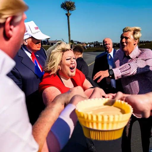 Image similar to donald trump hitting civilians with pudding cups, pudding stained clothes, golden hour, boardwalk, professional photography