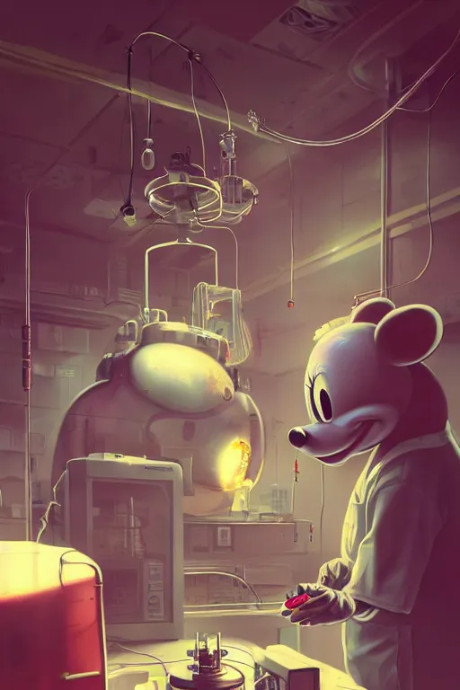 Prompt: mechanics scientist in lab facility looking at bloody mickey mouse head lifted by claw,, made by beeple, cgsociety, artgerm, greg rutkowski, highly detailed intricate 4 k art, low light cinematic, octane render, unreal engine, smooth concept art