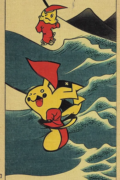 Prompt: Surfing Pikachu, Japanese ukiyo-e ukiyo-ye woodblock print, by Moronobu