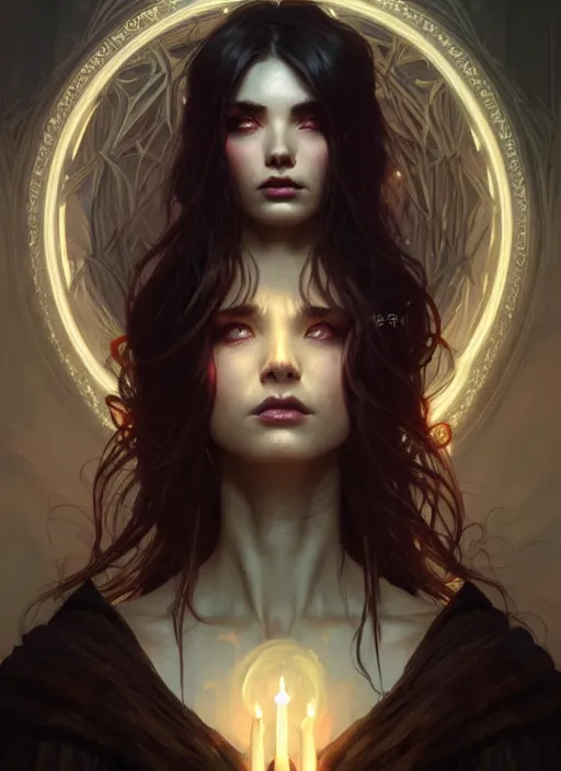 Image similar to a beautiful cinematic female Necromancer Sorceress, fantasy magic, undercut hairstyle, dark light night, intricate, elegant, sharp focus, illustration, highly detailed, digital painting, concept art, matte, art by WLOP and Artgerm and Greg Rutkowski and Alphonse Mucha, masterpiece