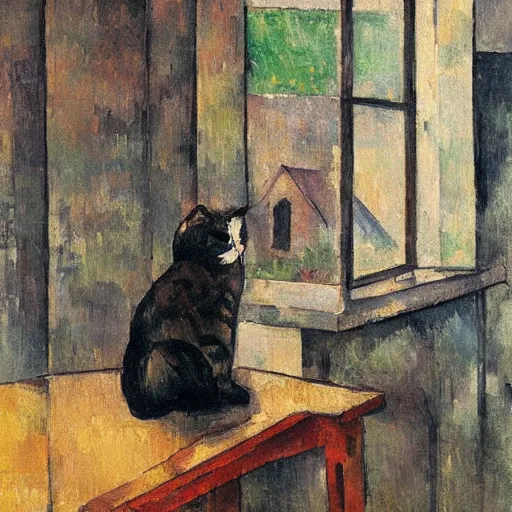 Prompt: oil painting of a cat knocking a cup off the edge of a table, old farmhouse, window in the background, style of Cezanne, post-impressionism