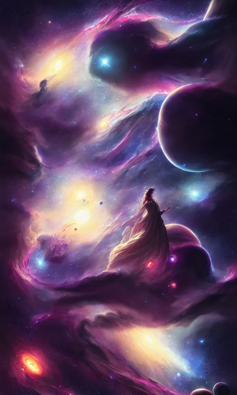 Image similar to beautiful render, deep space nebula with gas giants and many stars, galaxies and planets, fantasy, intricate, elegant, highly detailed, digital painting, artstation, concept art, smooth, sharp focus, octane render, dramatic lighting, art by artgerm and greg rutkowski and alphonse mucha and wlop