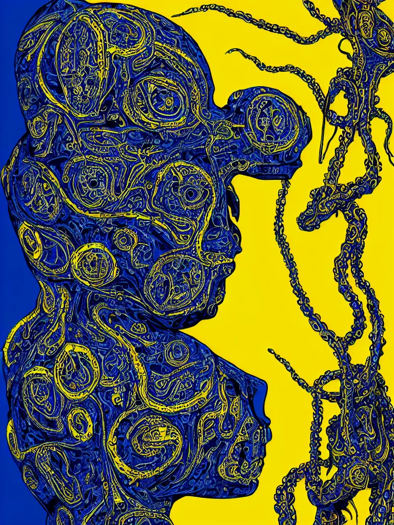 Image similar to a self portrait by the artist kelbv, in distinct hyper detailed style with tubes coming from eyes, and hollowed skull filled with blue and yellow paisley ellipsoids, perfect studio lighting against a backdrop of a still from the movie squid asthma.