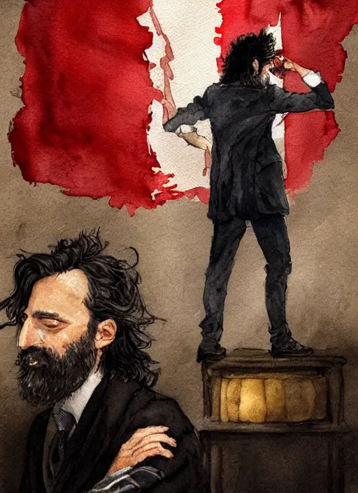 Image similar to portrait, a handsome small Frenchman with beard and long black hair toasting with whiskey, French flag in the background, watercolor, dramatic lighting, cinematic, establishing shot, extremely high detail, foto realistic, cinematic lighting, digital art, by Yoshitaka Amano, Ruan Jia, Kentaro Miura, Artgerm, post processed, concept art, artstation, matte painting, style by eddie mendoza, raphael lacoste, alex ross