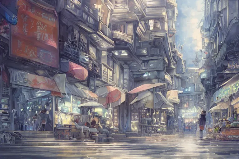 Prompt: dynamic composition, motion, ultra - detailed, incredibly detailed, a lot of details, amazing fine details and brush strokes, colorful and grayish palette, smooth, hd semirealistic anime cg concept art digital painting, watercolor oil painting of scenes without people, in asian city in style of cytus and deemo, blue flame, relaxing, calm and mysterious vibes