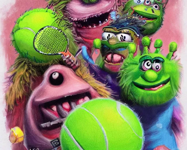 Prompt: tennis ball monsters, theme park, roller coaster, digital art, fantasy, magic, chalk, chalked, trending on artstation, ultra detailed, detailed, fine details, professional illustration by basil gogos