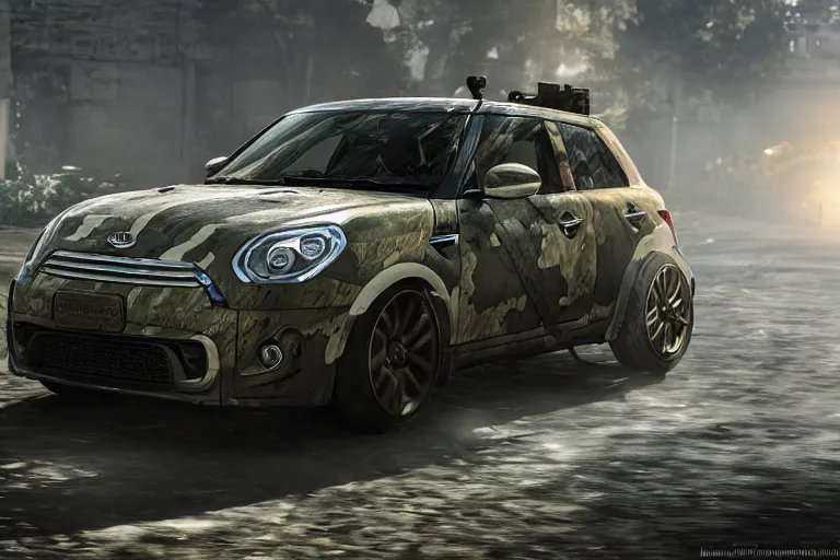 Prompt: armored battle mini cooper, military, weapons, digital painting, extremely detailed, sharp focus, camo, octopath traveler, unreal engine 5 highly rendered, global illumination, radiant light