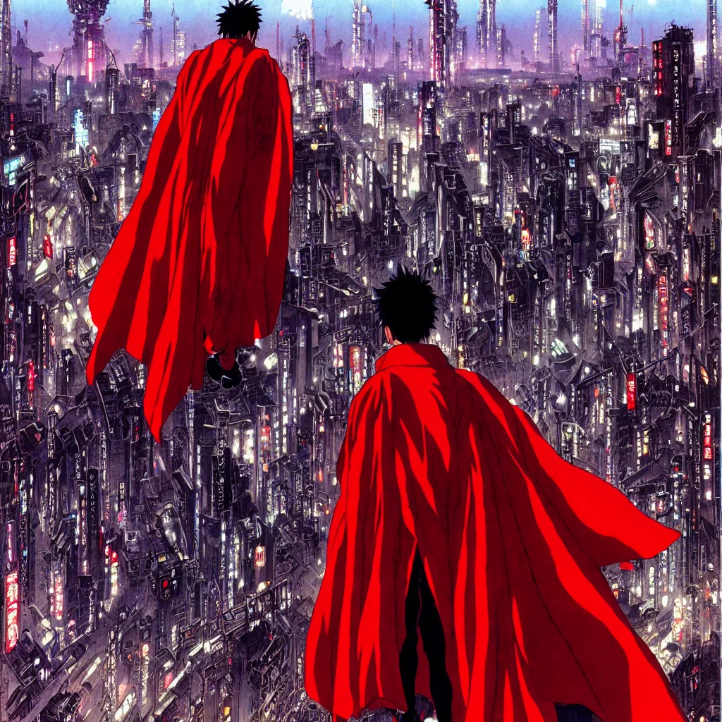 Image similar to tetsuo with red cape in neo - tokyo overlooking city, from akira | anime, matte painting, perfect detailed face anime art, dystopian megacity neo - tokyo akira, shaded perfect, fine details. realistic shaded lighting anime manga artwork by katsuhiro otomo, akira, artgerm, jeremy lipkin and michael garmash and rob rey