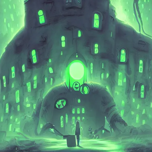 Image similar to a being of green ghostly viscous slime ooze making its way through abandoned midnight suburban streets, inevitable doom, concept art, goosebumbs novel cover, wisp lights, rhads,