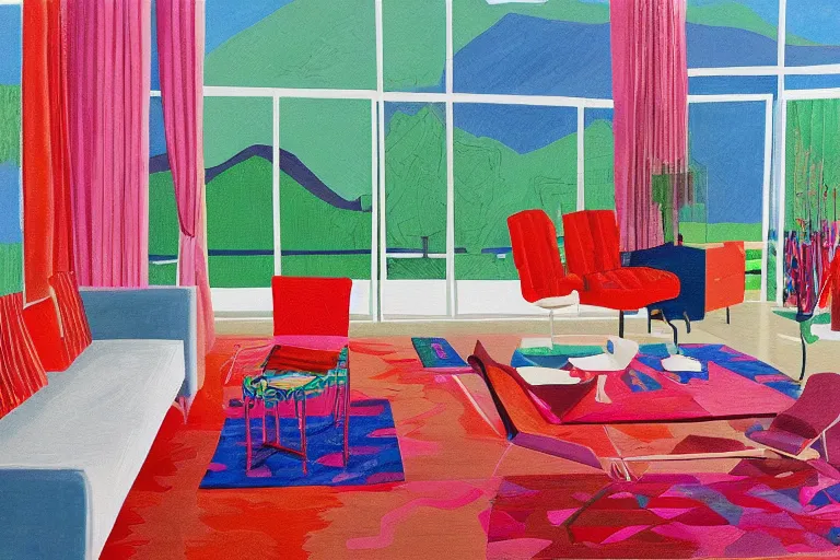 Prompt: Interior shot of a white boujee mansion with modern colorful furniture and patterned drapes hanging from the walls, very coherent, painted by DotPigeon airbrush, david hockney