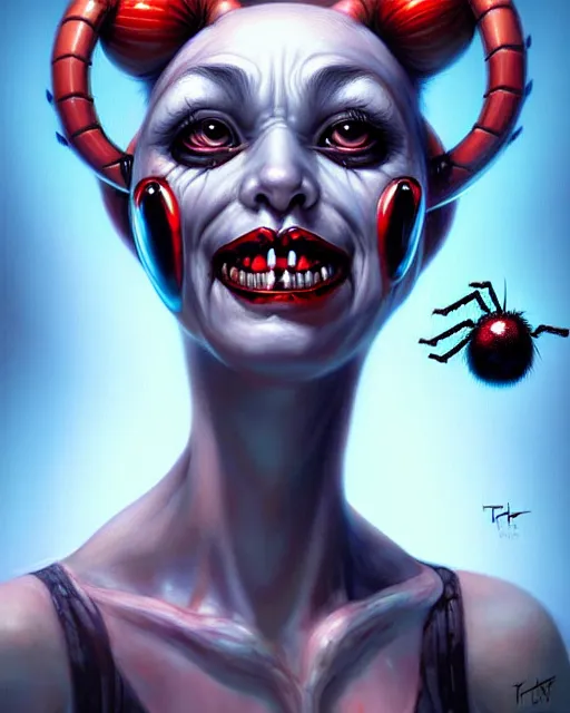 Image similar to biopunk cute spider portrait of harley quinn, disney style, by tomasz alen kopera and peter mohrbacher