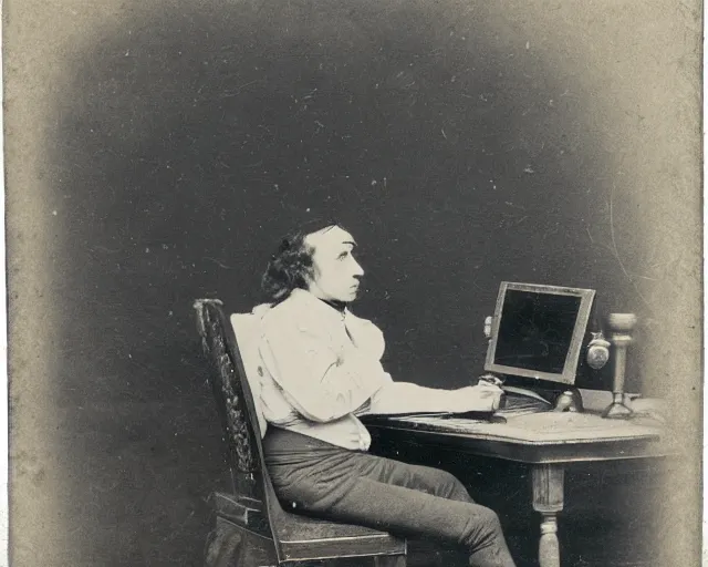 Image similar to an early 1800s photo of someone sitting at a computer looking for good textures to use