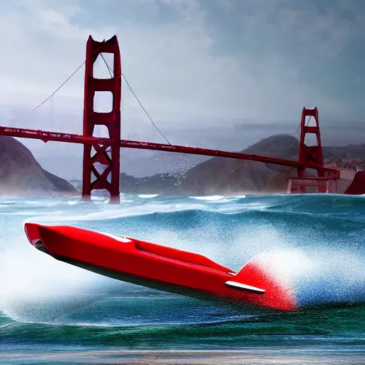 Image similar to concpet art featuring a futuristic red racing speedboat designed in the style of ferrari at golden gate park. bridge in background. fine detail. surf. this 4 k hd image is trending on artstation, featured on behance, well - rendered, extra crisp, features intricate detail, epic composition and the style of unreal engine.