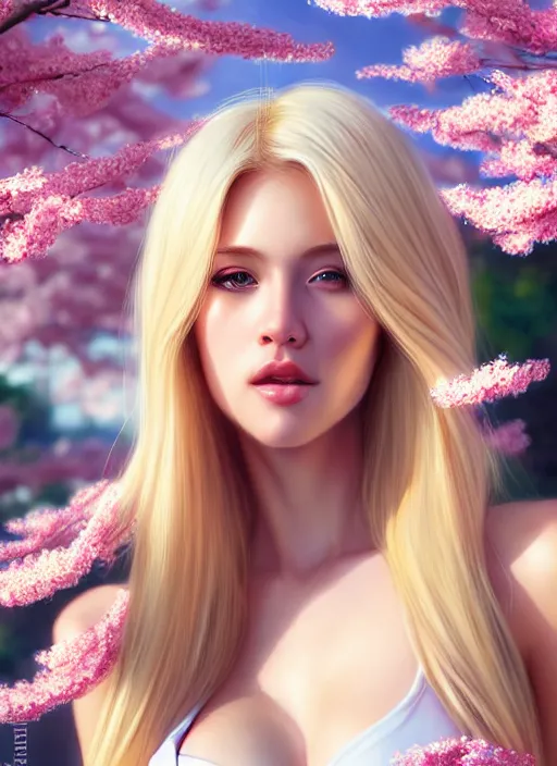 Image similar to photo of a gorgeous blonde female in the style of stefan kostic, realistic, half body shot, sharp focus, 8 k high definition, insanely detailed, intricate, elegant, art by stanley lau and artgerm, extreme blur cherry blossoms background