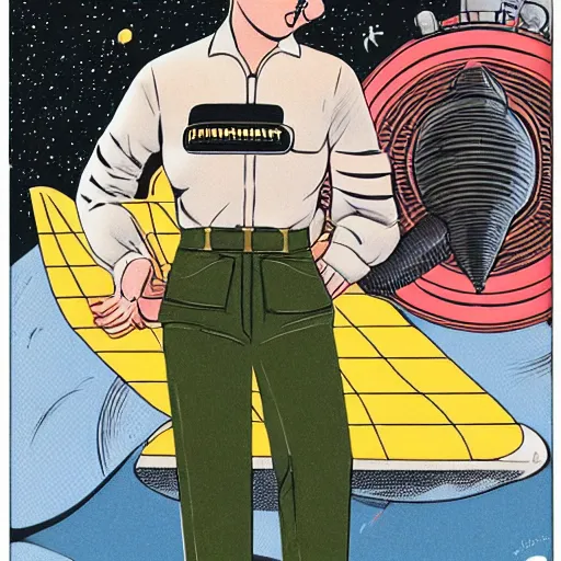Prompt: heroic square - jawed emotionless serious blonde butch woman aviator, with dark brass victorian goggles, handsome, very short butch slicked - back hair, wearing flight suit, looking distracted, awkward, standing in front of small spacecraft, alien 1 9 7 9, illustration, science fiction, retrofuture, highly detailed, colorful, graphic, ron cobb, mike mignogna