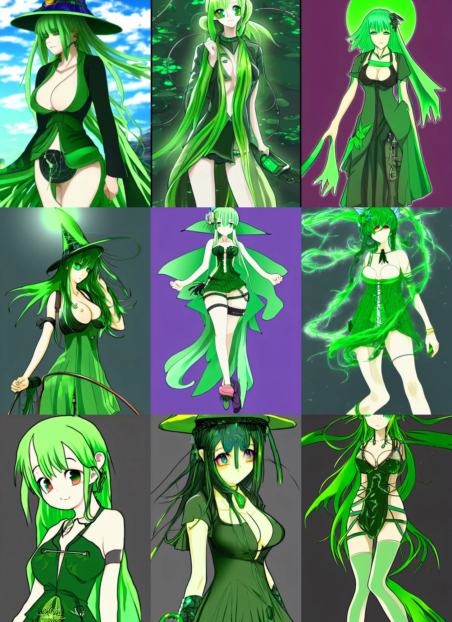 Image similar to a attractive solarpunk anime green witch. ultra clear detailed.