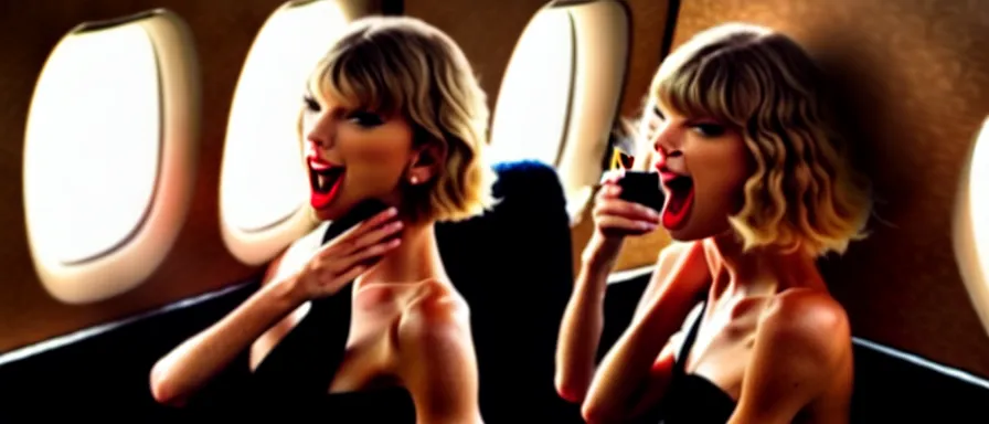 Image similar to Cinematography Taylor Swift Lauging and drinking champagne in her private jet by Emmanuel Lubezky