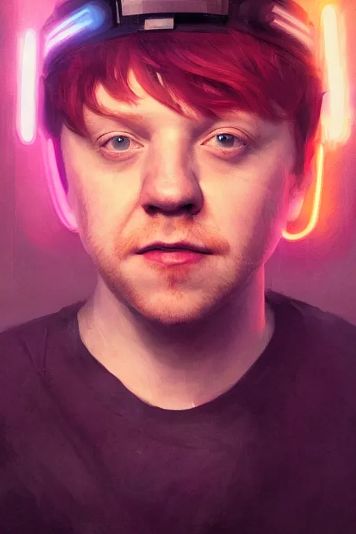 Image similar to portrait of Rupert Grint as Ron Wisly with visor in cyberpunk, neon lighting, night city, digital art from artstation by Ruan Jia and Mandy Jurgens and Artgerm and william-adolphe bouguereau and Greg Rutkowski