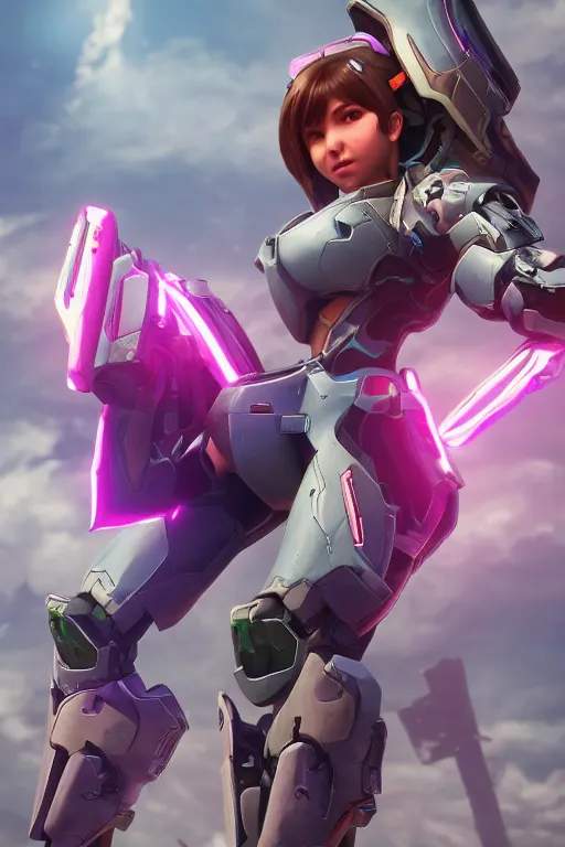 Image similar to character design d. va from overwatch in a spartan mjolnir mkv armor from halo. halo reach. with two pistols, akimbo. halo 3 poster style background. render style. 8 k. realistic