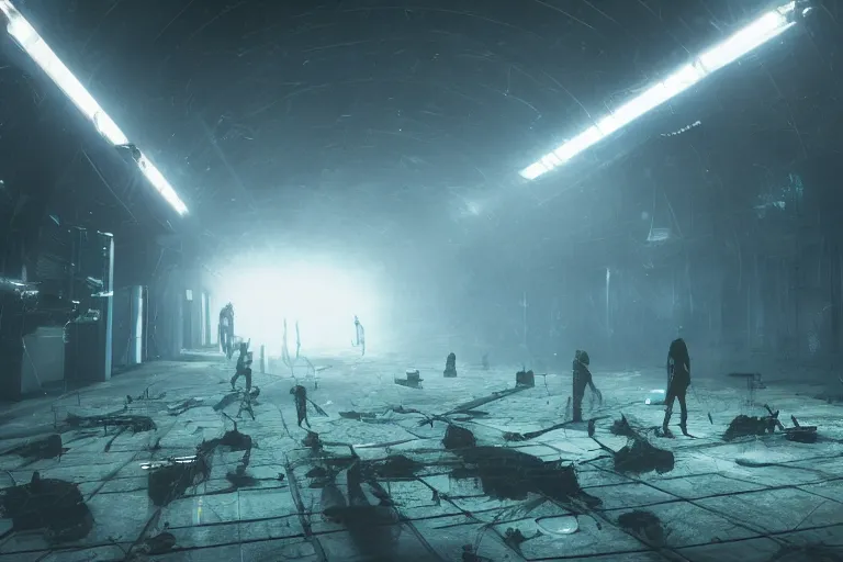 Image similar to Abandoned night hangar, dim blue light, foggy room, Several soldiers, laser sights on weapons, they are killed by a cyber woman, meat, blood, bones, spine, style Blade Runner, cinematic, volumetric light