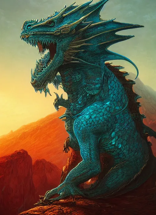 Image similar to a photographic portrait of a dragon by gustave dore and raphael lacoste and dan mumford, trending on artstation, a leopard!! - like sea beast, a two - horned earth beast, natural earth tone colors, cerulean blue, cyan, red, octanerender, vray