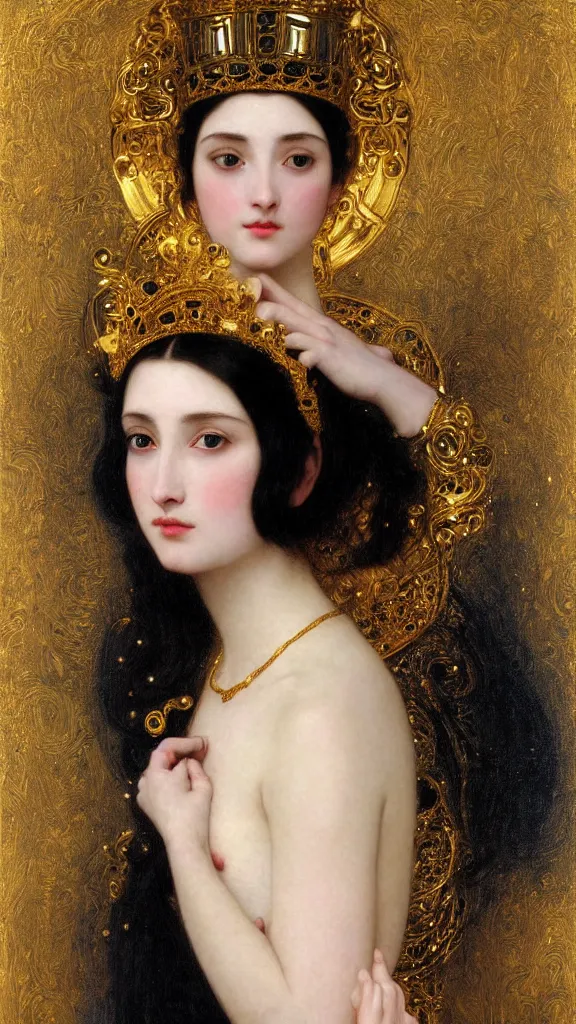 Image similar to painting portrait of a beautiful black haired woman with pale skin and a crown on her head sitted on an intricate metal throne, intricate, elegant, digital painting, smooth, sharp focus, shiny gold, realistic gold, realistic metal, by william - adolphe bouguereau and gustav klimt,