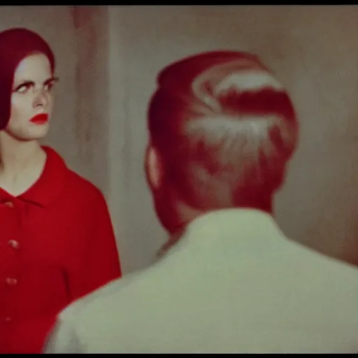 Image similar to still from a masterpiece 1 9 6 0 s french color art film, very beautiful and elegant girl with large eyebrows with an angry expression while talking to a man, moody lighting, viewed from afar, cinematic shot, they're dressed like communists, red palette