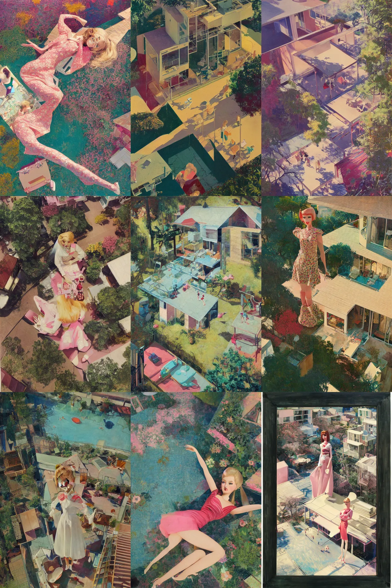 Prompt: living barbie doll peignoir, mid-century modern home, kodachrome, angle from above, part by Craig Mullins, part by victo ngai, oil on canvas,