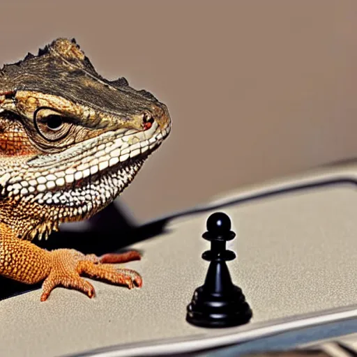 Prompt: a Bearded dragon playing chess, national geographic photo