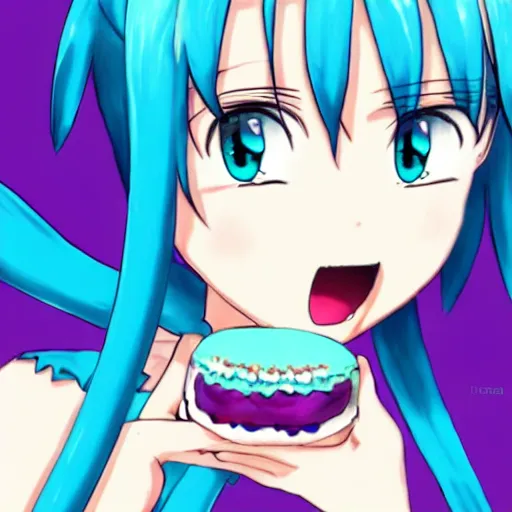 Prompt: hatsune miku eating small boy with back hair and blue purple eye, anime style