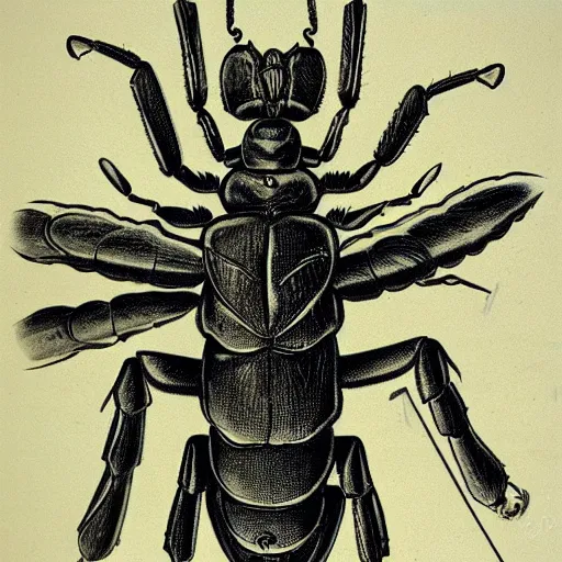 Prompt: longhorn beetle, vintage poster, ink on paper, detailed scientific sketch, hr giger