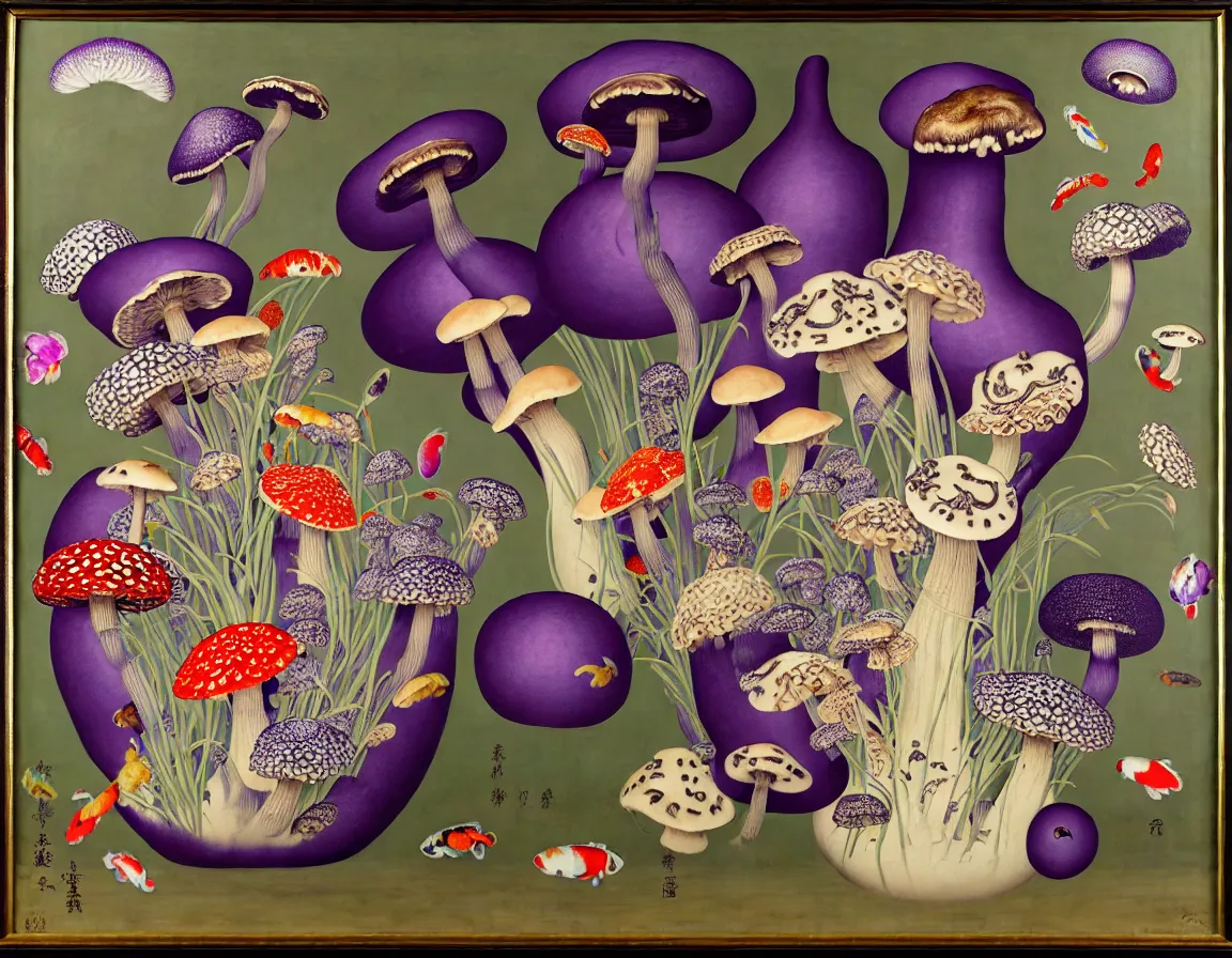 Prompt: vase of mushroom in the cloudy sky decorated with a dense field of stylized scrolls that have opaque purple outlines, with mutant koi fishes with 4 eyes and 2 heads and sponges, ambrosius benson, oil on canvas, hyperrealism, light color, no hard shadow, around the edges there are no objects