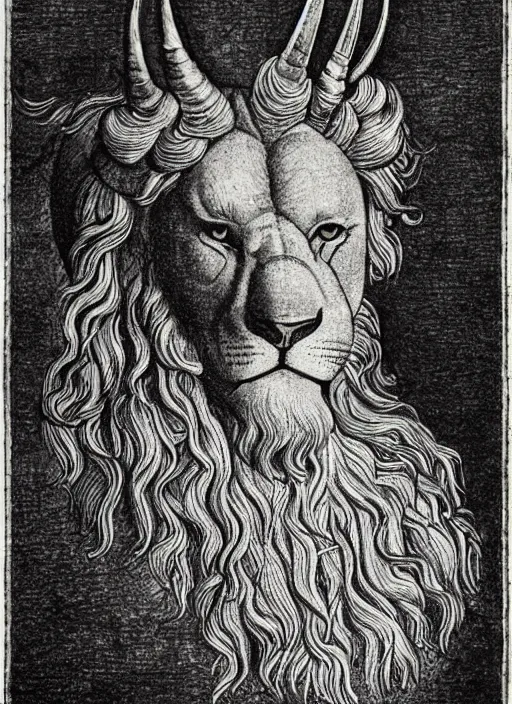 Image similar to a mighty strong creature with the body and eyes of a man, with the beak of an eagle, the mane of a lion, and the horns of an ox. drawn by da vinci