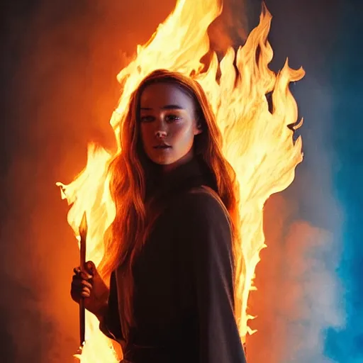 Prompt: alycia debnam carey as a pyromancer with fire aura by her side, blue flame, spark, illustration, Ray tracing reflection, dynamic pose, natural lighting,