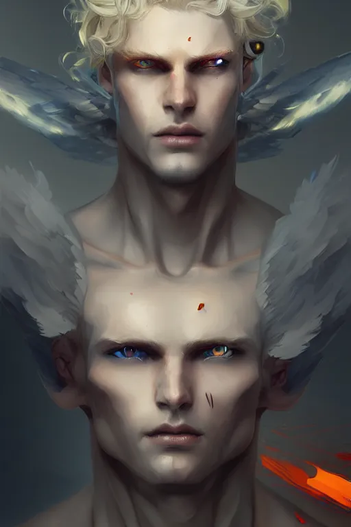 Prompt: digital art of a pale menacing male Cyborg Angel of Battle with fluffy blond curls of hair and piercing eyes, central composition, he commands the fiery power of resonance and wrath, by WLOP, Artstation, CGsociety