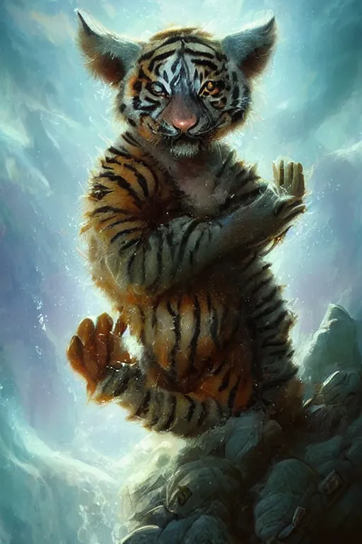 Prompt: a fuzzy dolphin with tiger stripes, tiny, small, miniature , animal, short, adorable, pretty, beautiful, DnD character art portrait, matte fantasy painting, DeviantArt Artstation, by Jason Felix by Steve Argyle by Tyler Jacobson by Peter Mohrbacher, cinematic lighting
