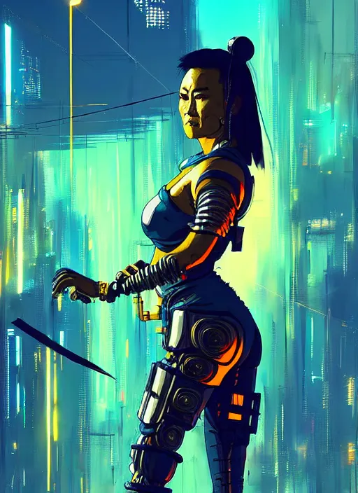 Image similar to tia carrere as cyberpunk samurai, golden and blue hour, by ismail inceoglu