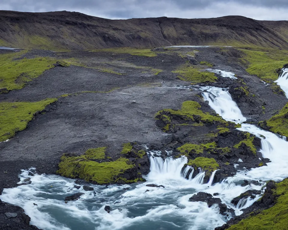 Image similar to an icelandic landscape, waterfall, hyper - realistic