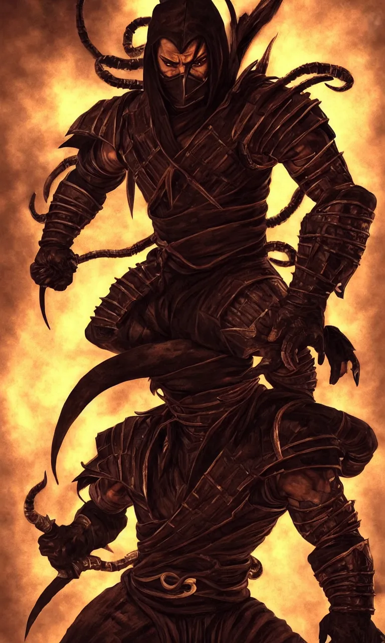 Image similar to portrait of hanzo hasashi scorpion from mortal kombat in the gates of hell, full body shot,, walking towards the camera, camera pulled back far, highly detailed dramatic lighting, artstation, atmospheric perspective, artgerm, mk ninja, epic ninja suit, intense contrast, 3 light sources, by lee bermejo, alphonse mucha and greg rutkowski