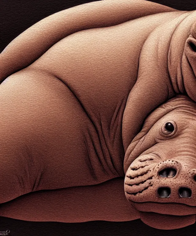 Image similar to tired humanoid hippo lying in bed, closeup, accurate features, focus, very intricate ultrafine details, masterpiece, 8 k hd, realistic shaded lighting, digital painting, artstation, concept art, kids book illustration, sharp focus, illustration, art by geof darrow,