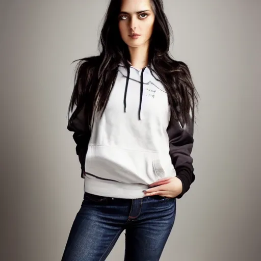 Image similar to raven haired seductive supermodel with stunning light eyes with a beautiful face, fair soft skin, wearing a hoodie, hands in pockets of tight jeans
