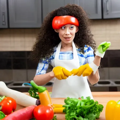 Image similar to a cyclops cutting vegetables in her kitchen