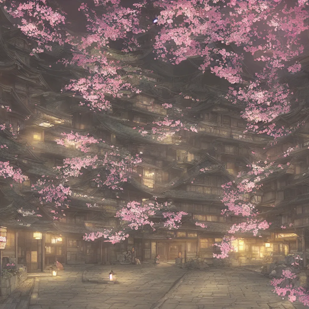 Image similar to Japanese bath house at night (Spirited Away), cherry blossom petals, highly detailed, 3D render, digital art, artstation, 8K photography, matte photo-realistic, vivid colors, moody cool temperature, by Hayao Ghibli Miyazaki!!!, breath of the wild style