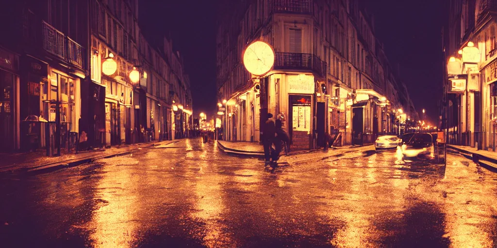 Image similar to street of paris photography, night, rain, mist, cinestill 8 0 0 t, in the style of william eggleston