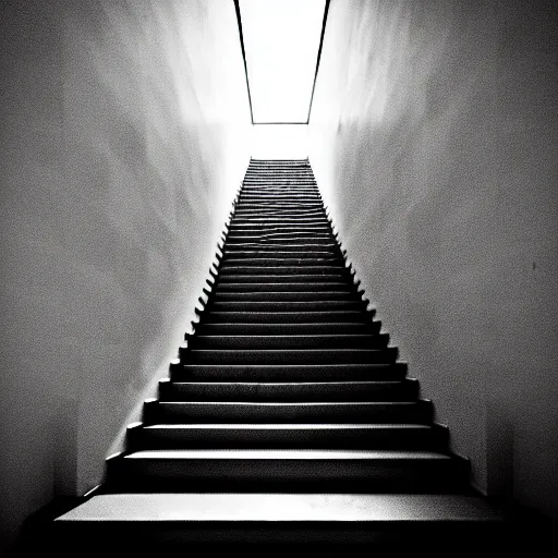 Image similar to black and white surreal photograph, highly detailed vast space made of stairsteps, sideview, detailed textures, natural light, mist, architecture photography, film grain, soft vignette, sigma 1 4 mm f / 1. 4 1 / 1 0 sec shutter, imax 7 0 mm footage