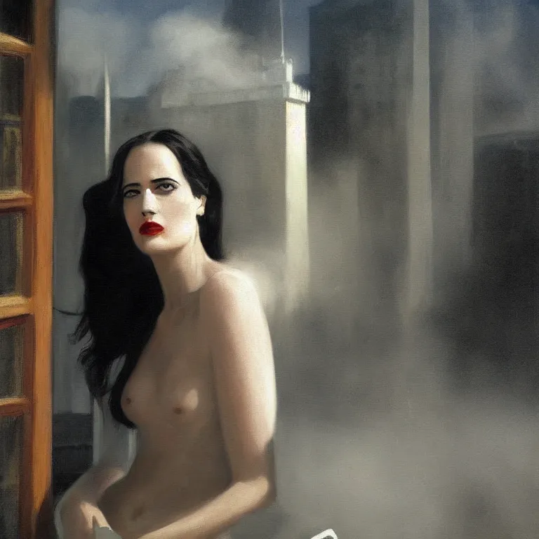 Prompt: Eva Green on a roof, fog, early morning, , painted by Edward Hopper, painted by Wayne Barlow, airbrush