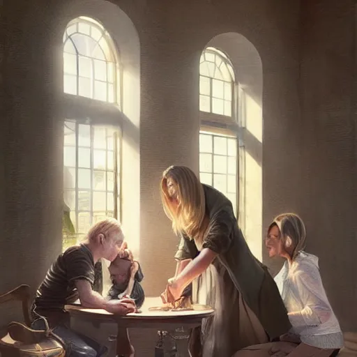 Image similar to epic masterpiece of cinematographic hyperrealism where a family of 3 happy people appears in an advanced technological world. realistic shaded lighting poster by craig mallismo, artgerm, jeremy lipkin and michael garmash, unreal engine, radiant light, detailed and intricate environment, digital art, art station trends