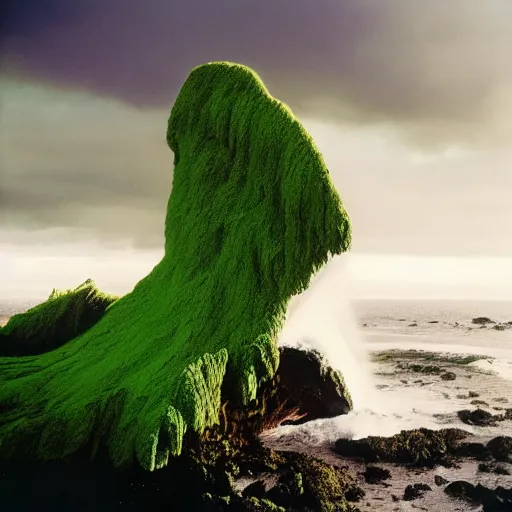 Prompt: 1 9 7 0's artistic spaghetti western movie in color, a woman in a giant billowy wide flowing waving dress made out of sea foam, standing inside a green mossy irish rocky scenic landscape, crashing waves and sea foam, volumetric lighting, backlit, moody, atmospheric