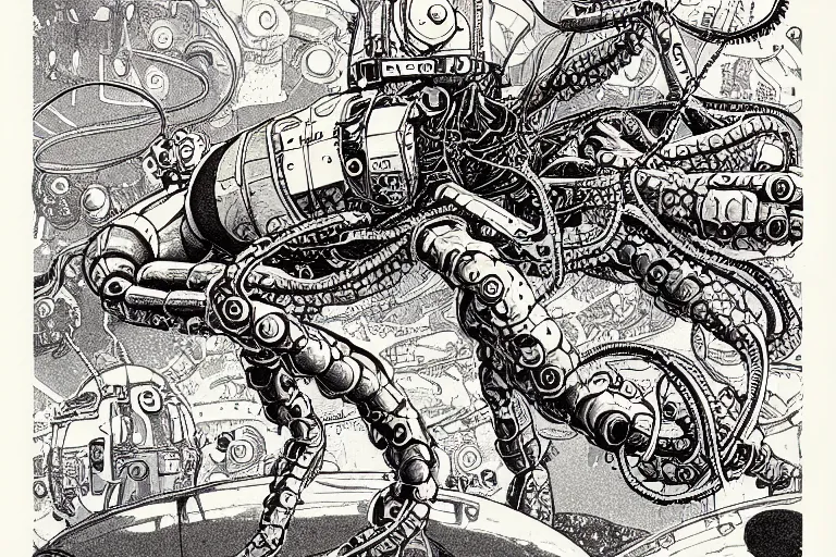 Image similar to risograph grainy drawing vintage sci - fi, satoshi kon color palette, gigantic fat mantis full - body covered with robot parts and wires, with lot tentacles, codex seraphinianus painting by moebius and satoshi kon and dirk dzimirsky close - up portrait